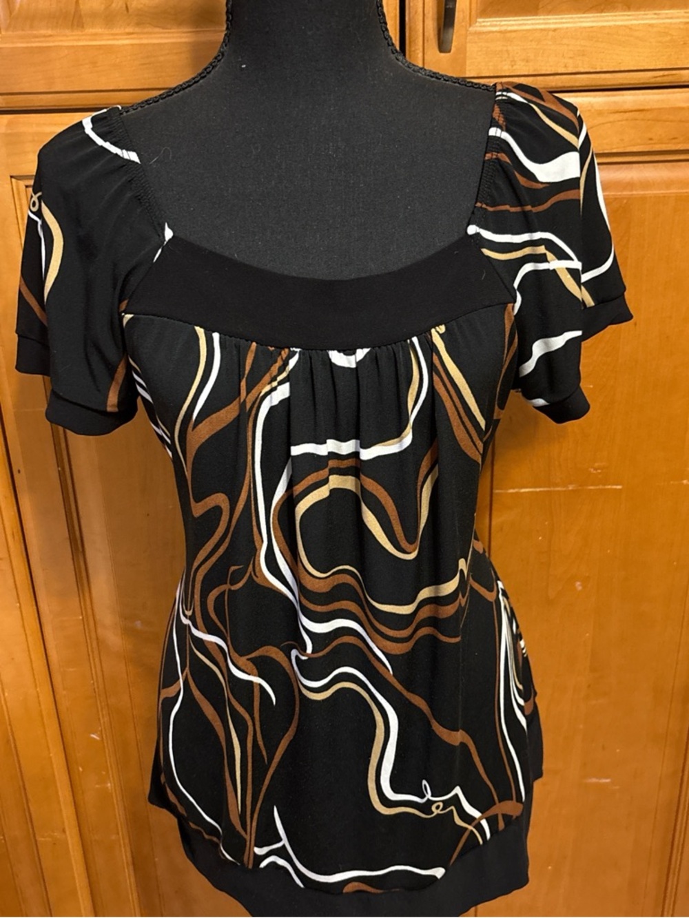 Carol Rose Black Swirl-Print Short Sleeve Blouse